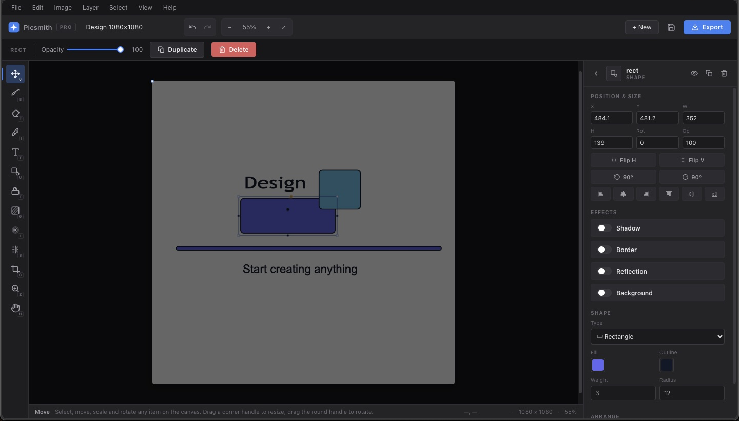 The Picsmith editor with a design open: tool rail, canvas and the item inspector