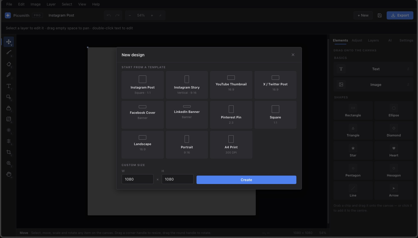 The Picsmith new-design dialog with social and print templates