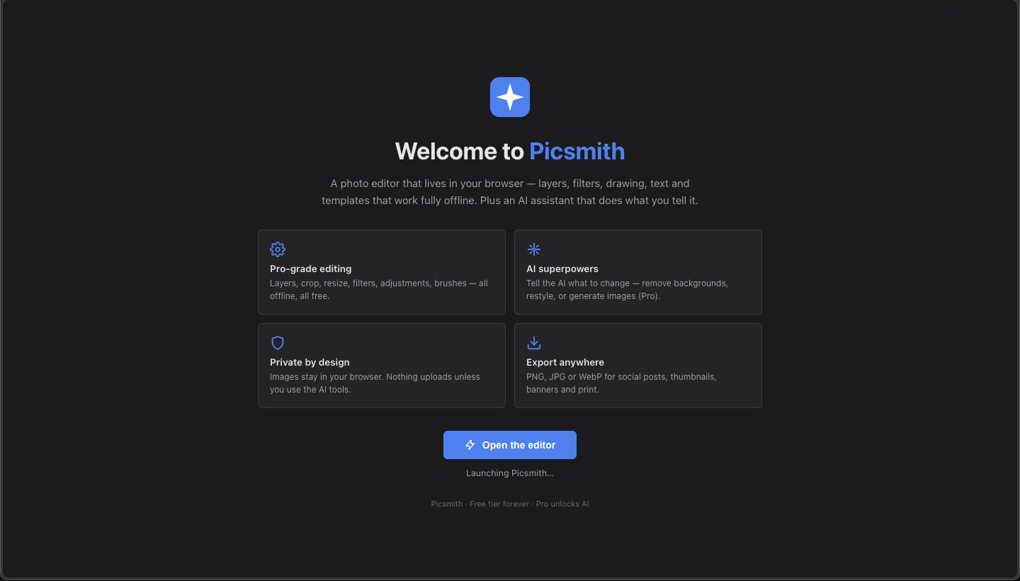 The Picsmith welcome screen