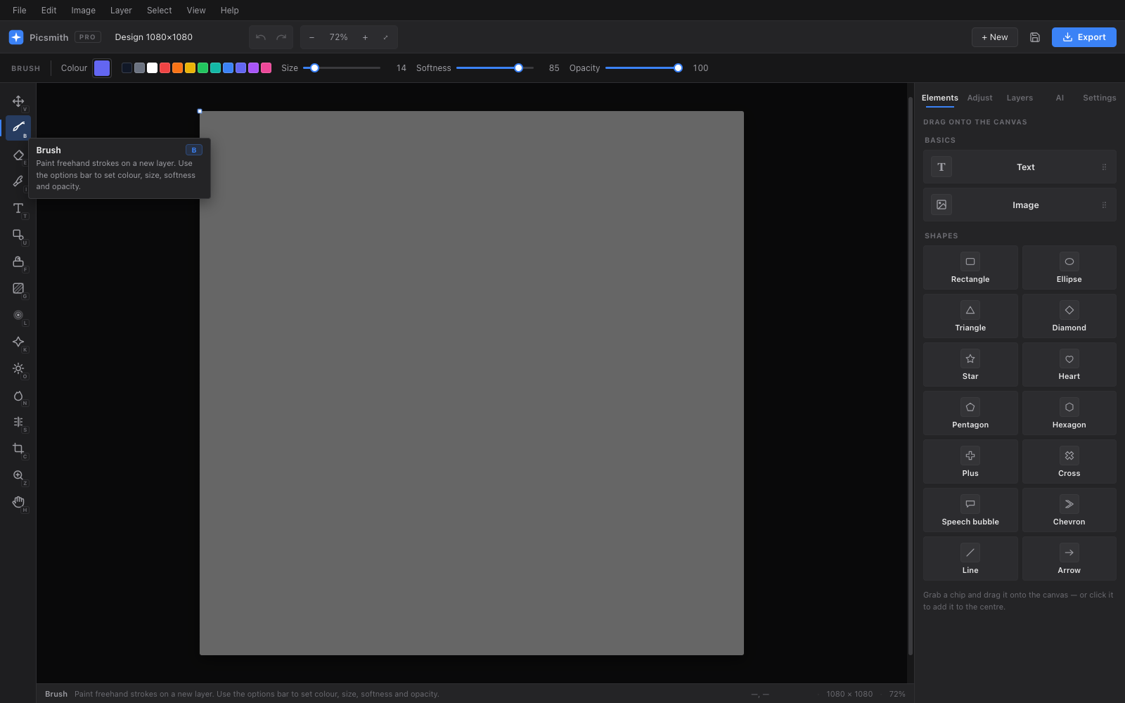 Brush options with the colour swatch strip and the shape library